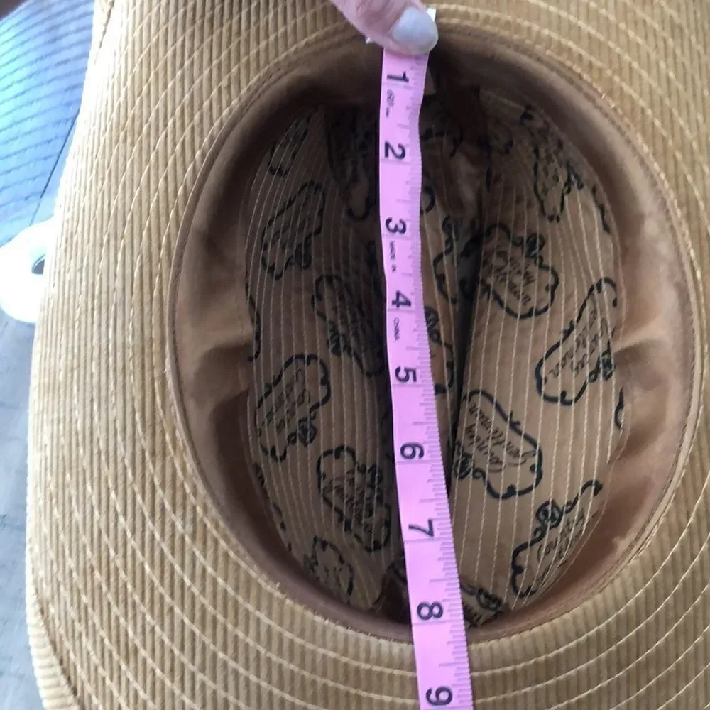 Country Gentleman’s Corduroy Wide Brim Ranch Hat in Tan Feather and braid accent